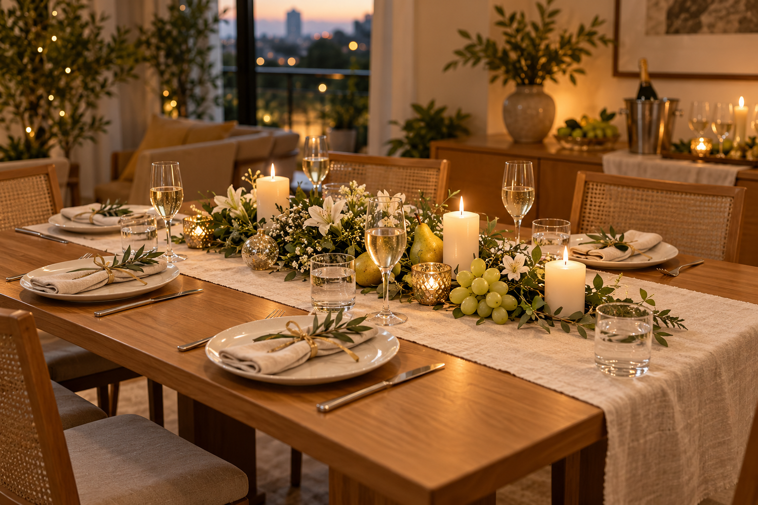 Como decorar mesa de Ano Novo simples e elegante com branco dourado flores velas e frutas