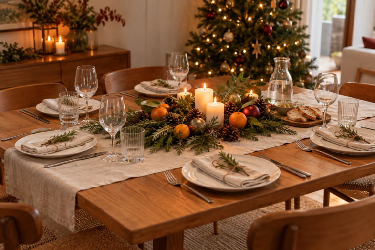 Como decorar mesa de Natal simples e bonita gastando pouco com velas folhagens e louça branca