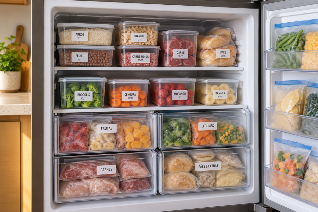 Alimentos congelados em porções com etiquetas de nome e data