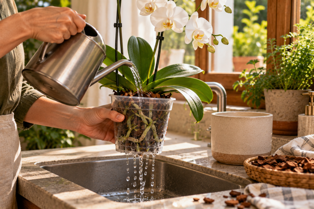Como regar orquídea Phalaenopsis molhando o substrato e deixando a água escorrer