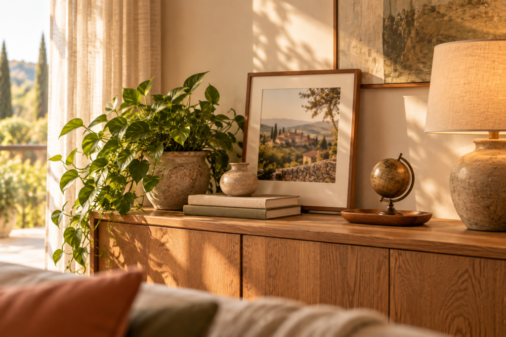 Decoração afetiva em sala neutra com fotografias livros e objetos pessoais
