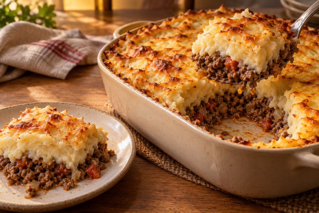 Escondidinho de carne moída com purê de batata e queijo gratinado