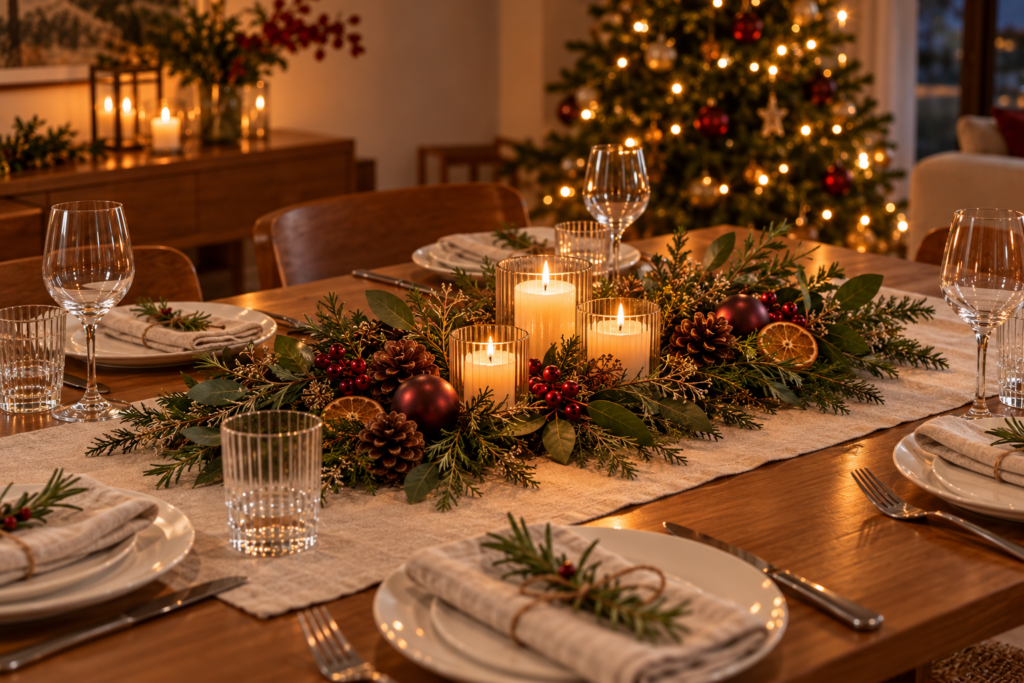 Mesa de Natal aconchegante com velas e iluminação quente
