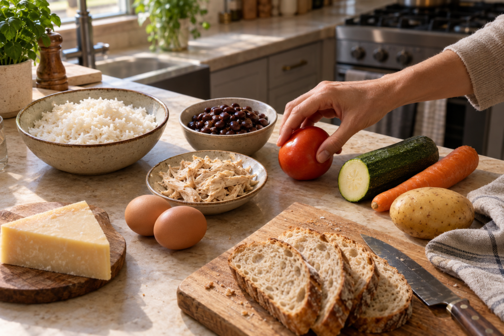 Ingredientes separados para decidir o que cozinhar com o que tenho em casa