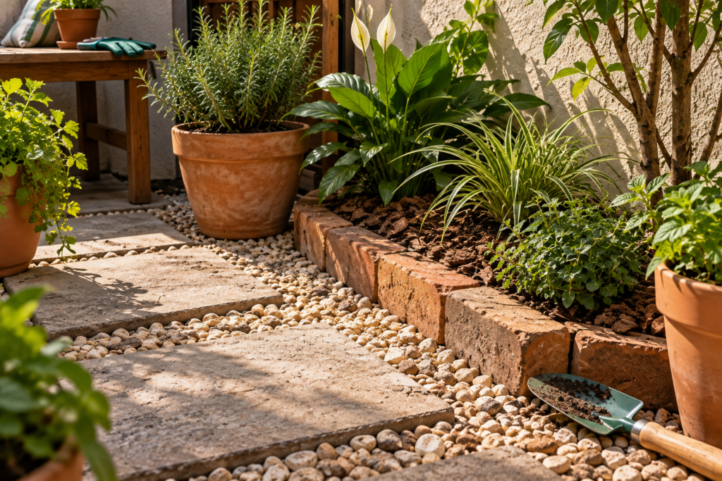 Jardim pequeno simples com pedras vasos de barro e materiais reaproveitados