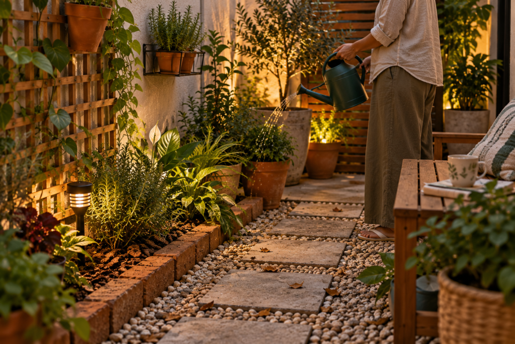 Jardim pequeno simples e aconchegante pronto para ser aproveitado em casa