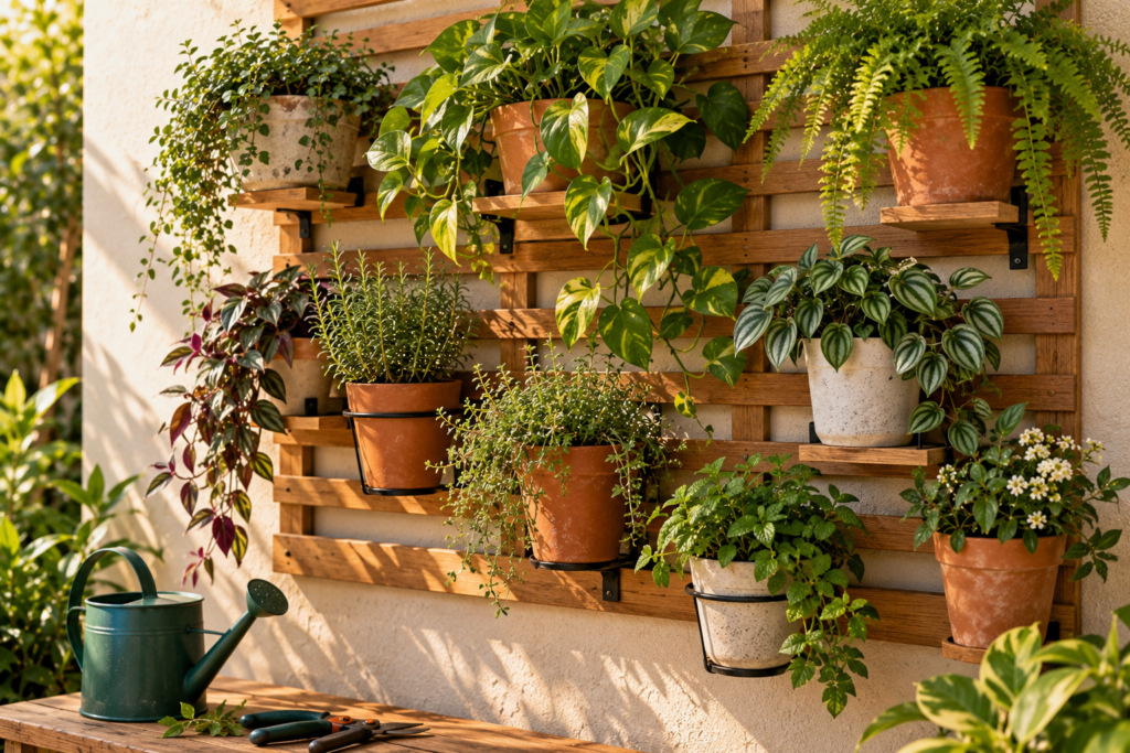 Jardim vertical com vasos em treliça de madeira para parede pequena