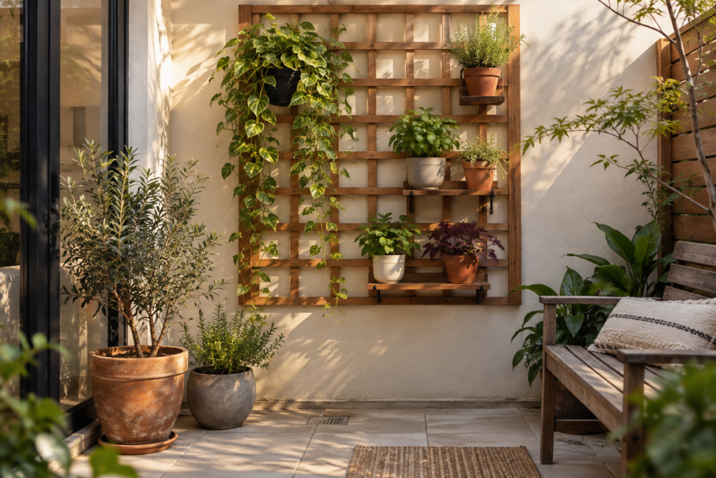 Jardim vertical pequeno com vasos para aproveitar uma parede e economizar espaço