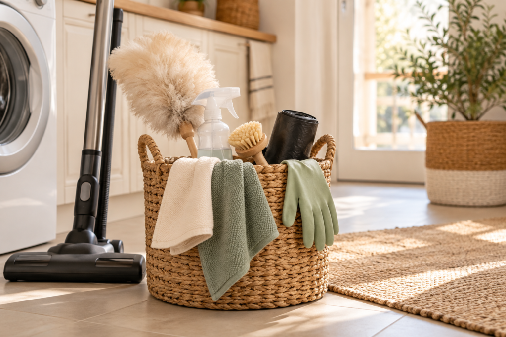 Kit simples para faxina rápida com panos luvas e produtos de limpeza