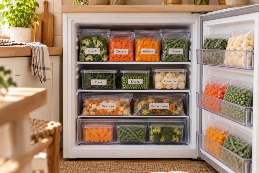 Legumes congelados organizados em porções dentro do freezer