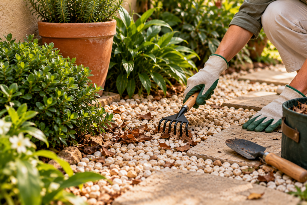 Manutenção de jardim com pedras retirando folhas e organizando pedriscos