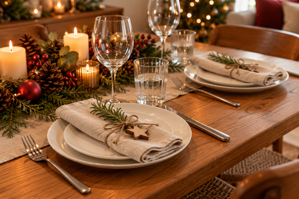 Mesa de Natal simples com pratos brancos guardanapos de tecido e ramo de alecrim