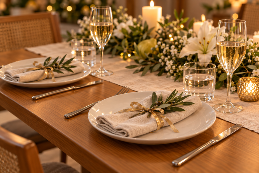 Mesa posta de Ano Novo simples em branco e dourado com guardanapo de tecido