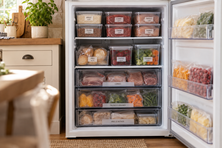 O que pode congelar: alimentos organizados em porções no freezer