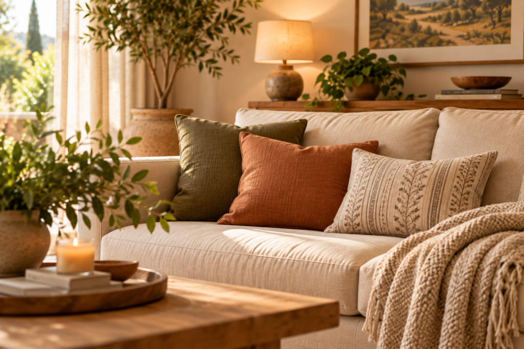 Pontos de cor em almofadas para decorar uma sala neutra