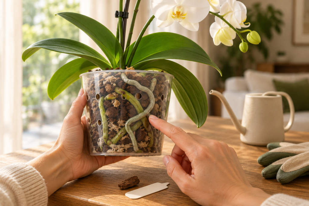 Raízes de orquídea Phalaenopsis em vaso transparente com substrato drenante
