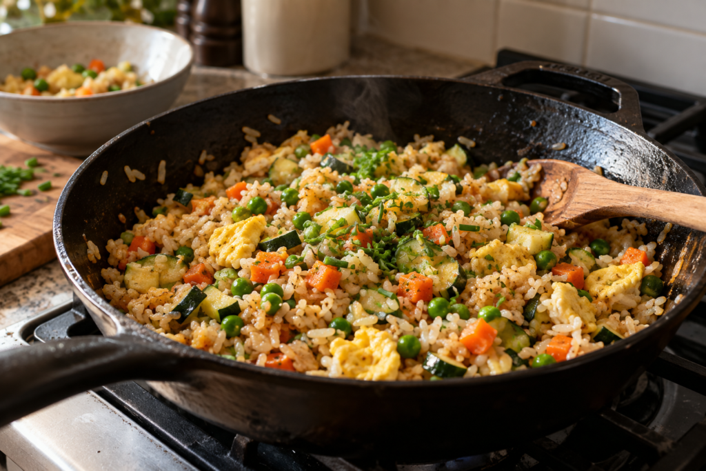 Receita com arroz ovo e legumes feita com ingredientes que já estavam em casa