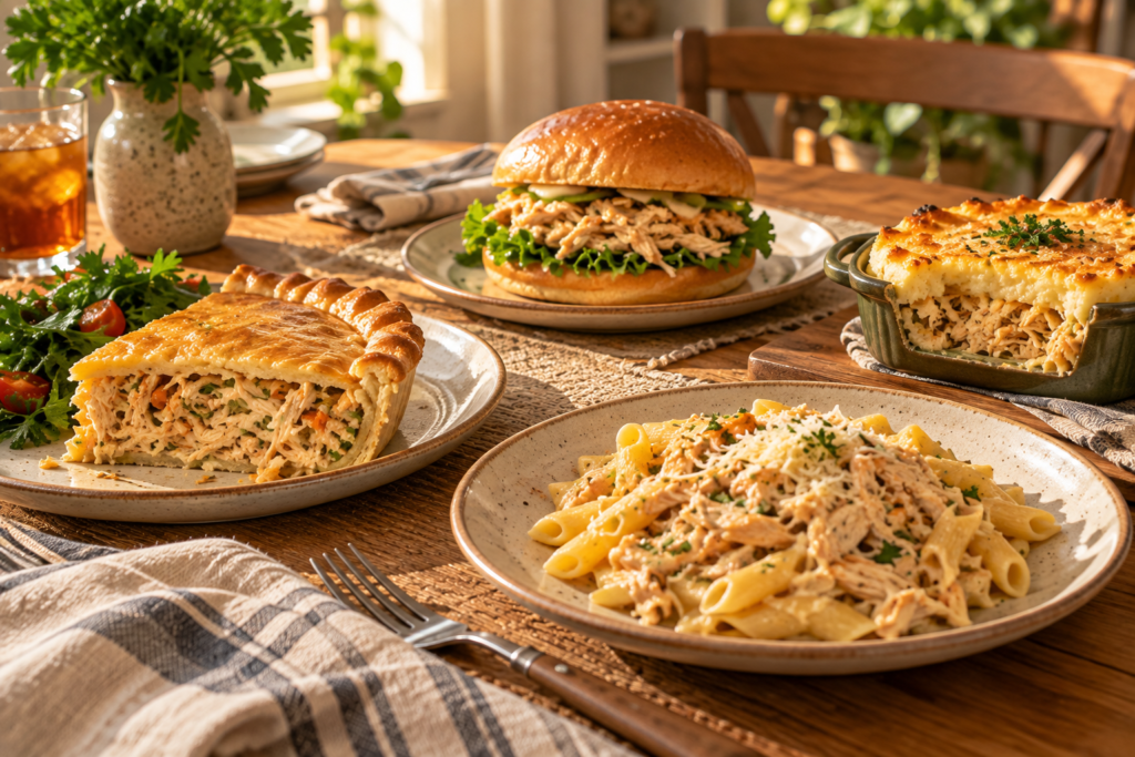 Receitas com frango desfiado incluindo torta sanduíche macarrão e escondidinho