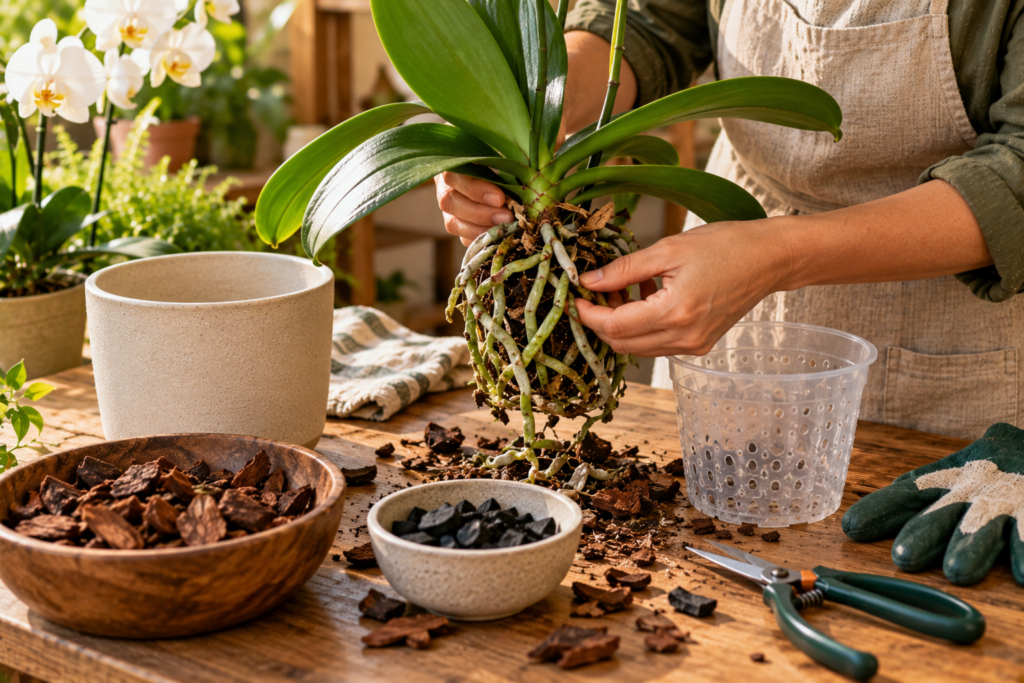 Replantio de orquídea Phalaenopsis com vaso perfurado e substrato apropriado