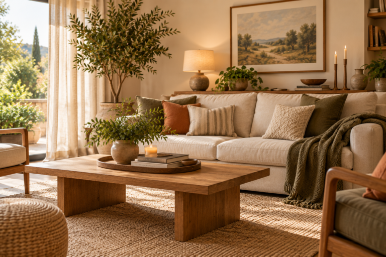 Sala neutra com personalidade decorada com madeira plantas e pontos de cor